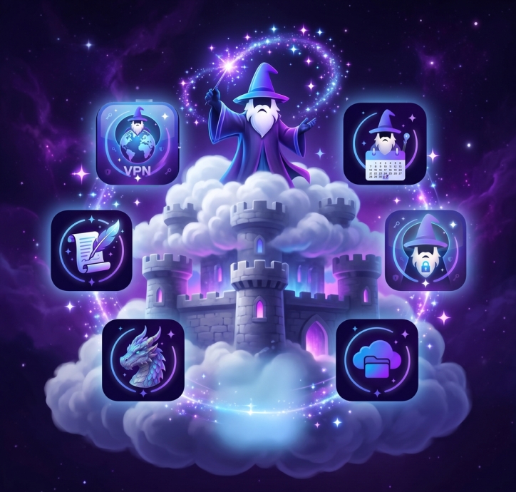 Wizard casting above a cloud castle with Fortress app icons shimmering around